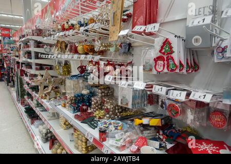 Christmas Decorations on display in a UK Superstore, UK. Stock Photo