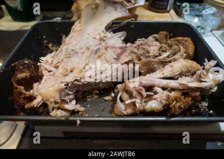 Christmas Turkey Carcass and leftovers,in baking tray,UK. Stock Photo