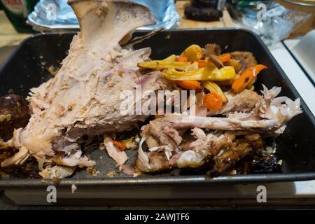 Christmas Turkey Carcass and leftovers,in baking tray,UK. Stock Photo