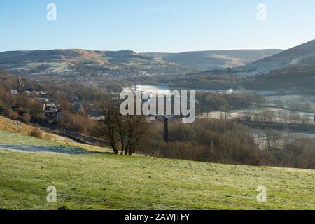 Frosty morning looking over towards Greenfield and South Pennine Moors,Saddleworth,Greater Manchester, UK. Stock Photo