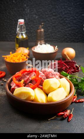 ingredients for borsch, raw meat with vegetables Stock Photo