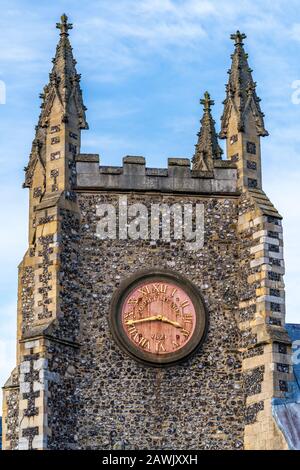 St Michael at Plea Church Clock Tower Norwich. Grade I listed medieval church in central Norwich. Clock inscribed 'Forget Me Not 1827' Stock Photo