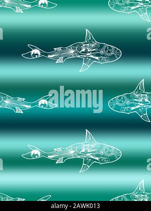 Vector seamless pattern of white shark silhouette swimming on gradient marine background. Doodle hand drawn shark top view Stock Vector