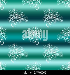 Vector illustration of marine seamless pattern. White sketch lion fish of gradient green sea wave background Stock Vector