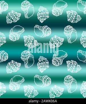 Vector illustration of marine seamless pattern.White hand drawing sea shells on abstract sea wave background Stock Vector