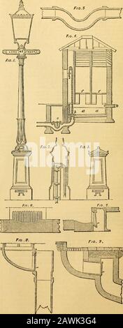 The Civil engineer and architect's journal, scientific and railway gazette . ion of such traps. The formsof water traps are very numerous ; but probably the most simple and efficientfor house drains, when the drain pipe is not too large, and the supply ofwater abundant, is the plumbers trap, which is a pipe bent to the sigmoidcurve, as in fig. 5. Where the quantity of water passing through a pipe is very small, andyet the pipe requires to be large enough for an occasionally-increased dis-charge, some trap, which can be opened to admit of any deposit beingcleaned out, is probably to be preferre Stock Photo