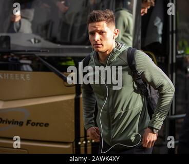 Cumbernauld, North Lanarkshire, Scotland, UK. 9th February 2020; Broadwood Stadium, Cumbernauld, North Lanarkshire, Scotland; Scottish Cup Football, Clyde versus Celtic; Patryk Klimala of Celtic arrives for the match Credit: Action Plus Sports Images/Alamy Live News Stock Photo