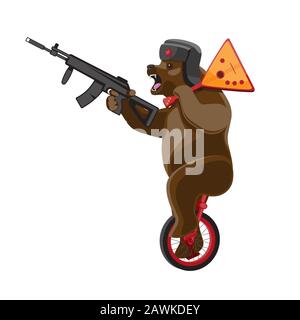 A bear rides a unicycle with a balalaika and a machine gun in his hands on a white isolated background. Vector image Stock Vector