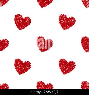 Seamless pattern with red hearts on a white background. Shiny hearts made of beads. Valentine's card. Valentines day or mothers day background. Stock Photo
