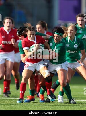 Energia Park, Dublin, Leinster, Ireland. 9th Feb, 2020. International Womens Rugby, Six Nations, Ireland versus Wales; Jasmine Joyce (Wales) is tackled by Aoife McDermott and Lindsay Peat (Ireland) Credit: Action Plus Sports/Alamy Live News Stock Photo