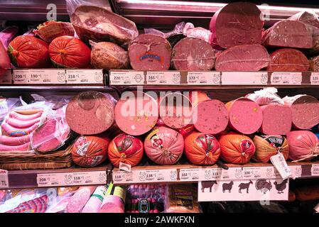 ISTANBUL - JAN 02: Sausages and meat products at a Street Market in Istanbul on January 02. 2020 in Turkey Stock Photo