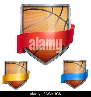 Set of Bright shield in the basketball ball inside with ribbons. Vector. Stock Vector