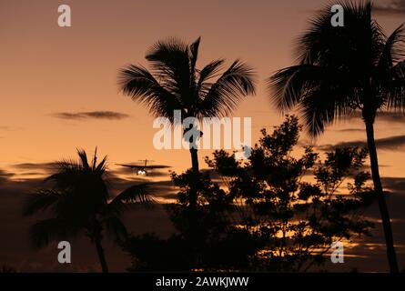 LIAT Airlines ATR turbo prop airliner coming in to land at Sint Maarten at Sunset Stock Photo