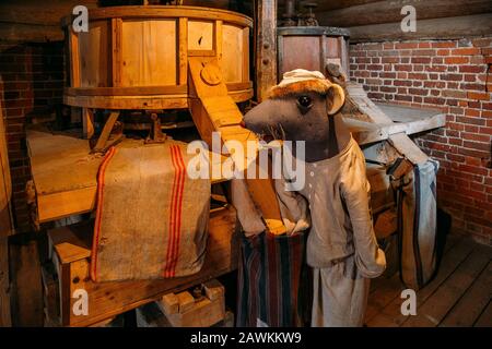 Doll of Mouse miller inside old mill in Myshkin, Russia. Stock Photo