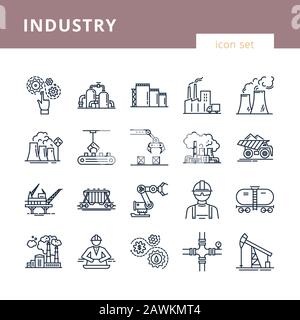 A large vector set of industry icons and production in a linear style. Stock Vector