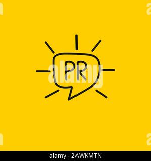 pr logo in comment bubble with rays, hand drawn public relation vector icon Stock Vector