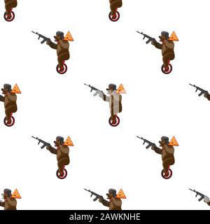 seamless pattern bear rides a unicycle with a balalaika and a machine gun in his hands on a white background. Vector image Stock Vector