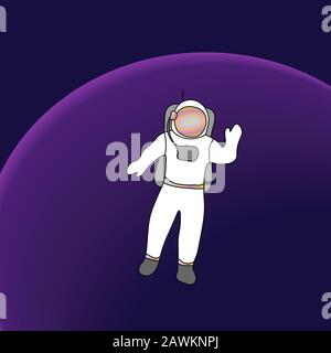 Cosmonaut astronaut in cosmos. Colorful outline on purple background. Picture can be used in greeting cards, posters, flyers, banners, logo, further design etc. Vector illustration. EPS10 Stock Vector
