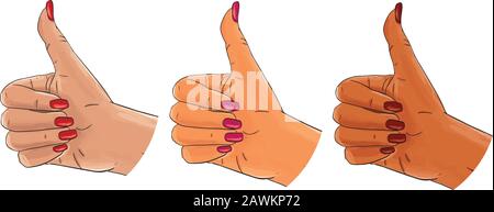 Hand gesture, thumbs up, pop art sketch, white, afro american, asian set Stock Vector