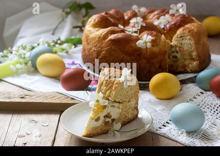 Traditional Moldavian and Romanian Easter cake with curd filling and decoration in the form of a cross. Stock Photo