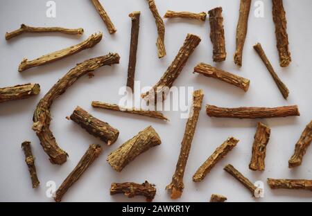 Dried Madder Root also known as Rubia tinctorum or Common madder or Dyers madder Stock Photo