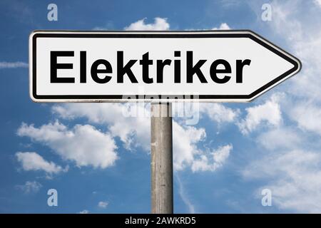 Detail photo of a signpost with the inscription Elektriker (Electrician) Stock Photo