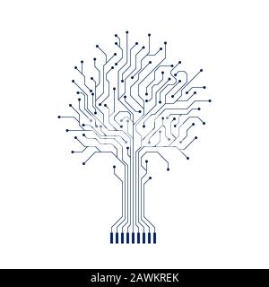 Abstract Circuit Tree Silhouette. Computer engineering hardware system. Technology design element. Vector Stock Vector