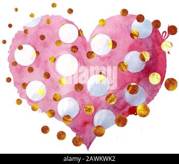 Watercolor pink heart with gold dots on white background Stock Photo ...