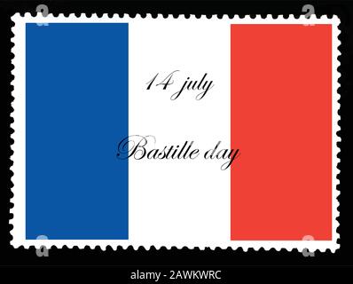 National flag of France on posted stamp isolated on black background with text 14 july Bastille day  Official colors and proportion of flag of France. Stock Vector