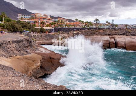 Wave spray at Playa del Duque, Tenerife, Canary Islands Stock Photo