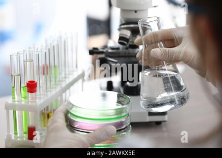 Chemical experience in laboratory, water sample. Stock Photo