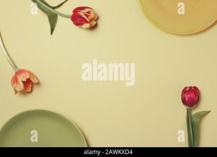 empty plate and tulip on yellow background. view from above. copy space. toning Stock Photo