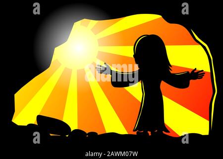 Silhouette of Jesus Christ risen coming out from sepulchre or tomb walking into the light. Life of Jesus Stock Photo