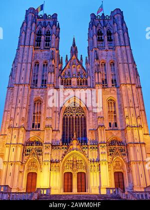 Night view illuminated St. Michael and St. Gudula Cathedral Brussels Bruxelles Belgium Stock Photo
