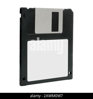 Vintage floppy disk perspective view blank label isolated on white Stock Photo