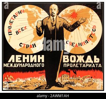 Official Soviet vintage re-issue of the 1920s poster from an official government series of best poster designs re-issues. Soviet propaganda Lenin is the Leader of the International Proletariat. Horizontal. Russia, Stock Photo