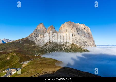 Cloud sea at Sella mountain pass between the provinces of Trentino and South Tyrol, Dolomites Stock Photo
