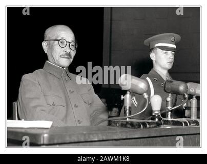 GENERAL HIDEKI TOJO COURT TRIAL JAPAN WAR CRIMES TOJO TRIALS Vintage post WW2 image of General Hideki Tojo taking the stand for the first time during the World War II Tokyo Trials in Japan on Dec. 26, 1947. Subsequently Tojo was found guilty of unspeakably brutal & heinous war crimes, committed directly under his command and he was executed in 1948 Stock Photo