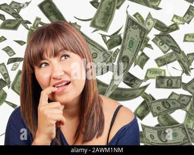 Happy Rich Woman With Falling Dollar Banknotes On White Background