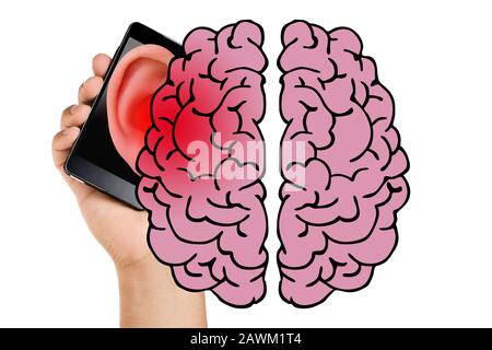 Hand holding mobile radiating brain and causing health damage isolated. Cancer Concept Stock Photo