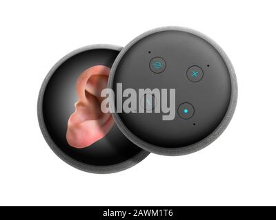 Smart speaker top view with human ear inside listening isolated on white. Privacy concept Stock Photo