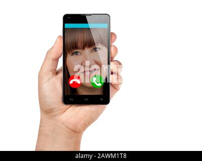 Closeup hand holding smartphone or mobile incoming call isolated on white. Stock Photo