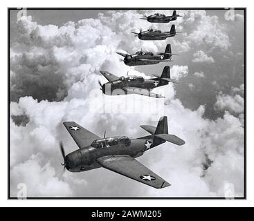 1940’s WW2 USA Grumman squadron of Avenger torpedo bombers during a flight from Norfolk Naval Air Station, used to provide anti submarine air cover during World War II used in Philippines, Pearl Harbor, Vietnam, China and Japan. Stock Photo