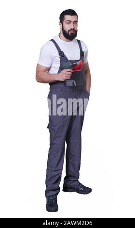smiling worker with red drill on white background Stock Photo