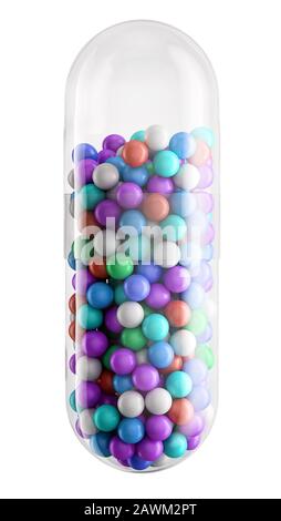Single colorful pill capsule and tablet close up isolated on white. Health care and medical concept. Stock Photo