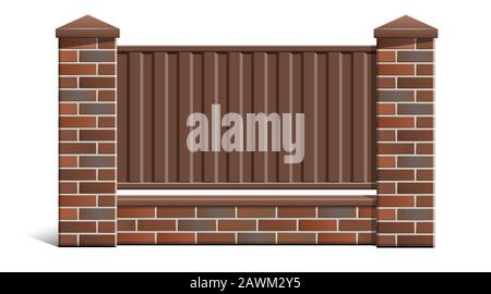 A brick fence made of bricks with a metal profile. Stock Vector