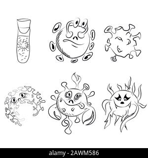 Vector drawing of various smiling germs, test tubes for possible coloring Stock Vector