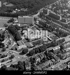 The Hague, Holland, August 29 - 1977: Historical aerial photo of Kunst Museum Den Haag, Holland in black and white Stock Photo