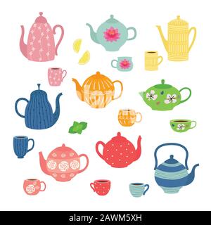 Hand drawn teapot and cup collection. Colorful tea cups, coffee cups and teapots isolated on white background. Stock Vector
