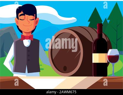 man professional waiter offering red wine vector illustration design Stock Vector